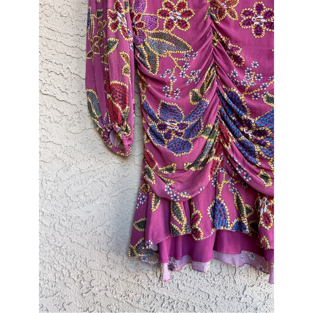 FARM RIO Mauve Pink Blue Floral Long Sleeve Plunging V Ruched Ruffle Mini Dress - Picture 5 of 17